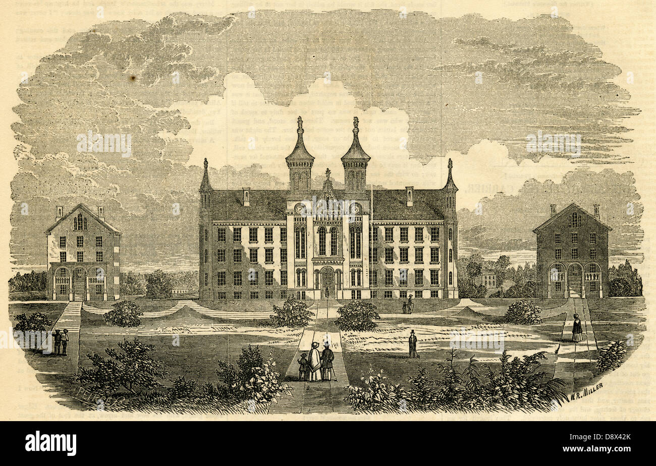 1854 engraving, Antioch College at Yellow Springs, Ohio. It opened in 1852 and was founded by the Christian Connection. Stock Photo