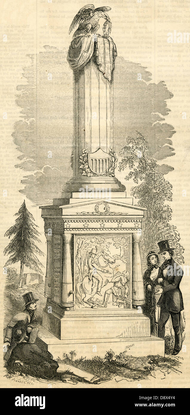 1854 engraving, Monument to the late Richard M. Johnson, at Frankfort, Kentucky. Stock Photo