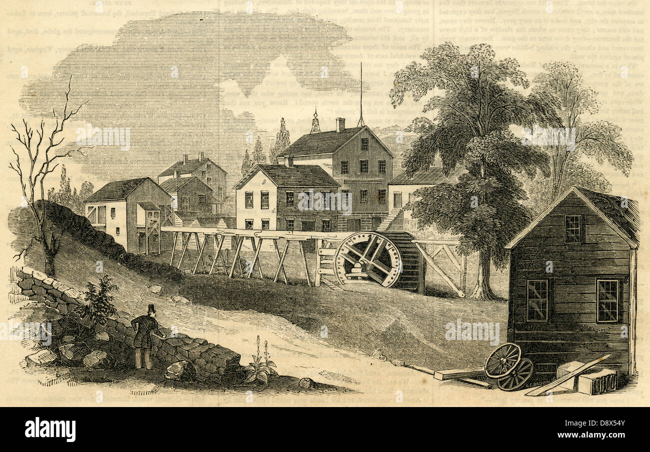 1854 engraving, Site of the Revolutionary Iron Foundry in Salisbury, Connecticut. Stock Photo