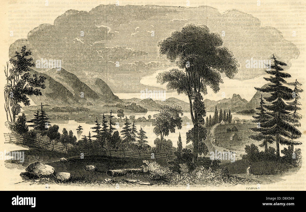 1854 engraving, Tocconuc (Taconic) Mountains and Twin Lakes in Salisbury, Connecticut. Stock Photo