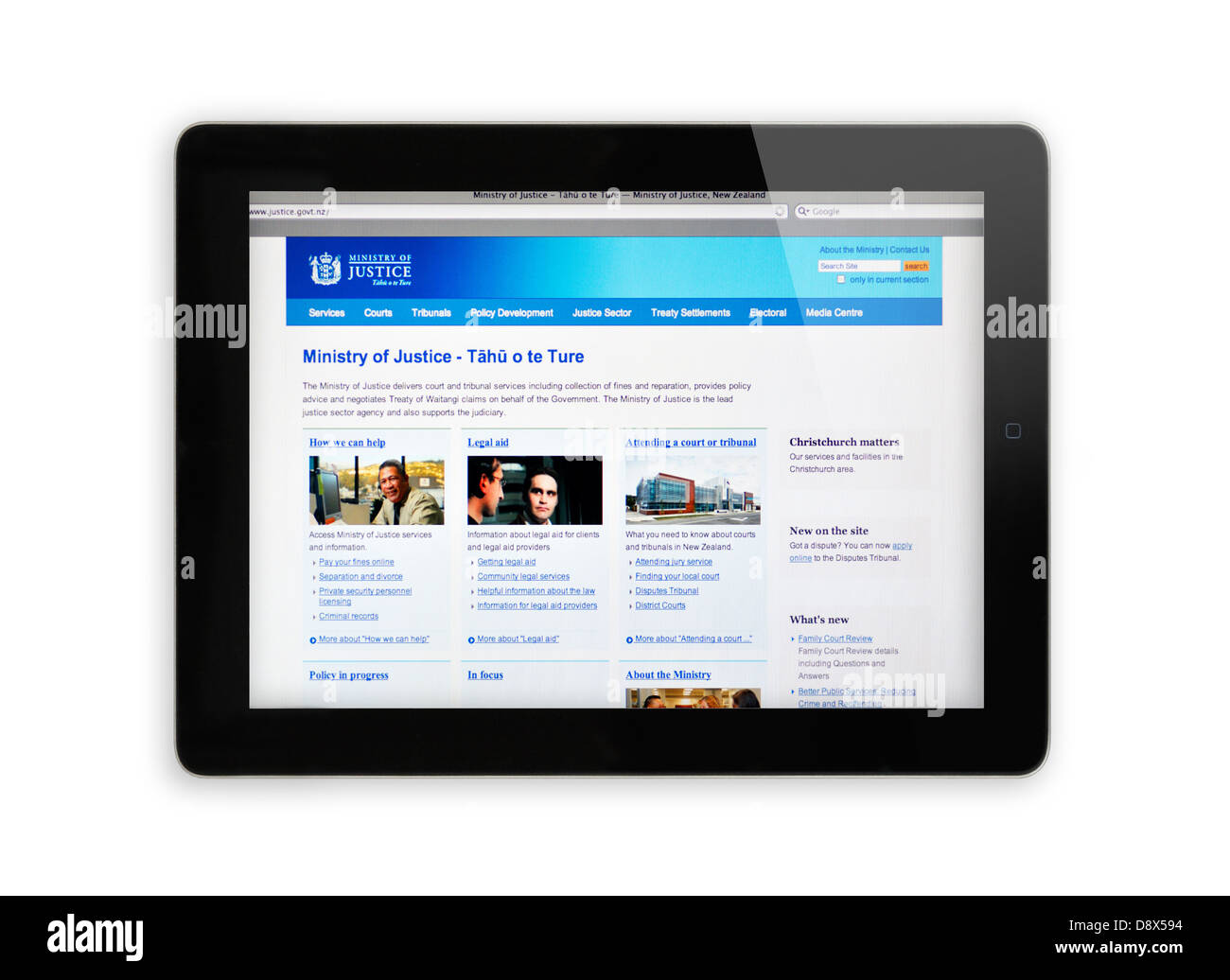 iPad screen showing New Zealand Ministry of Justice website Stock Photo