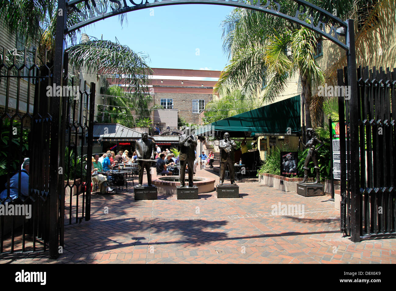 The cafe Beignet in the bourbon Street organizes live concerts in the outside-park. Many life-size figures of well-known jazz-musician are up set there. Photo: Klaus Nowottnick Date: April 22, 2013 Stock Photo