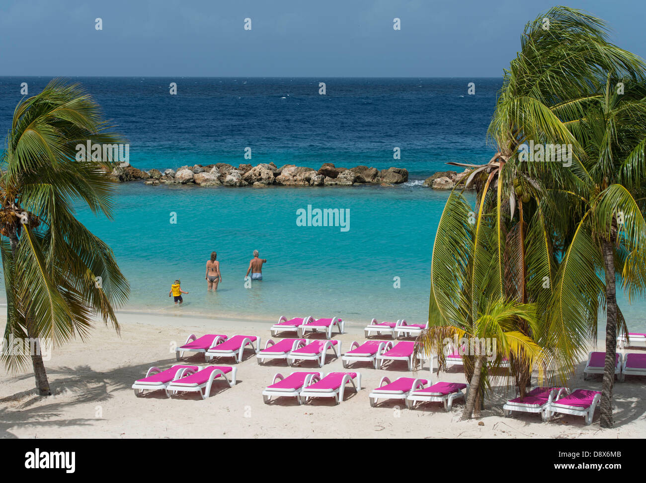Tourists are standing on a beach with palms and beach loungers. Stock Photo