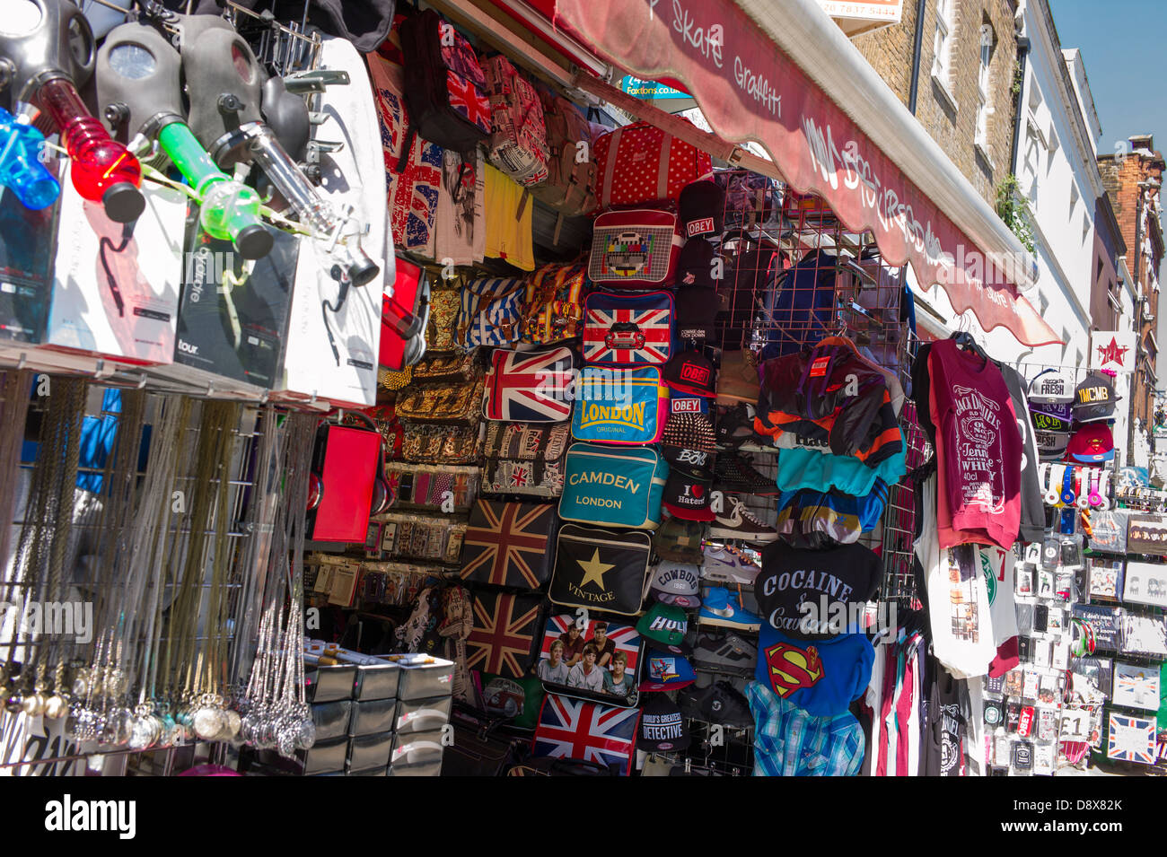 London UK, Camden Town, Camden Market, t.shirt and souvenir shop, market stall Stock Photo