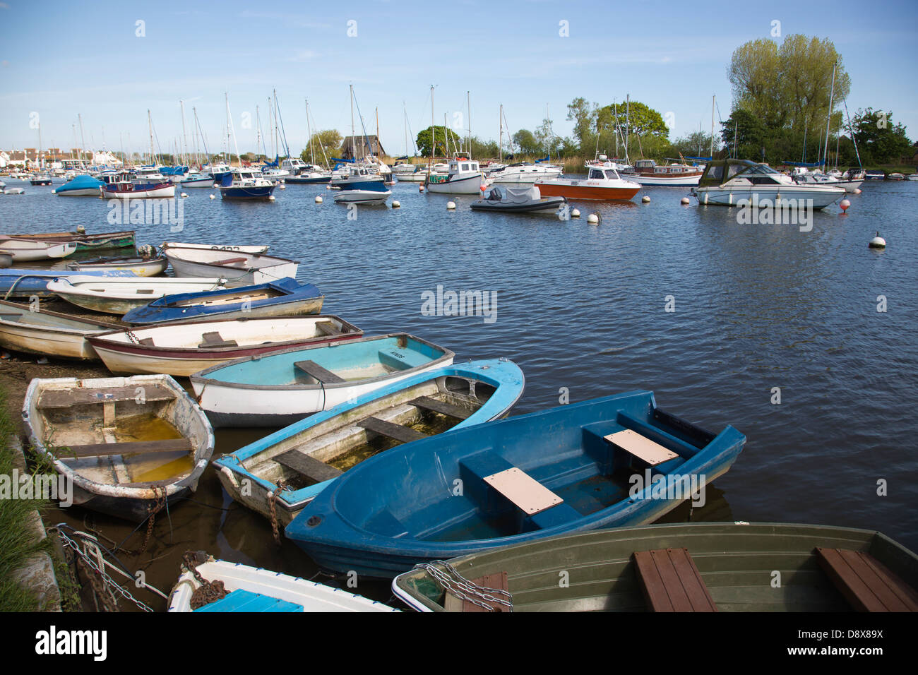 Boats moored up on the River Stour entrance to Christchurch Quay