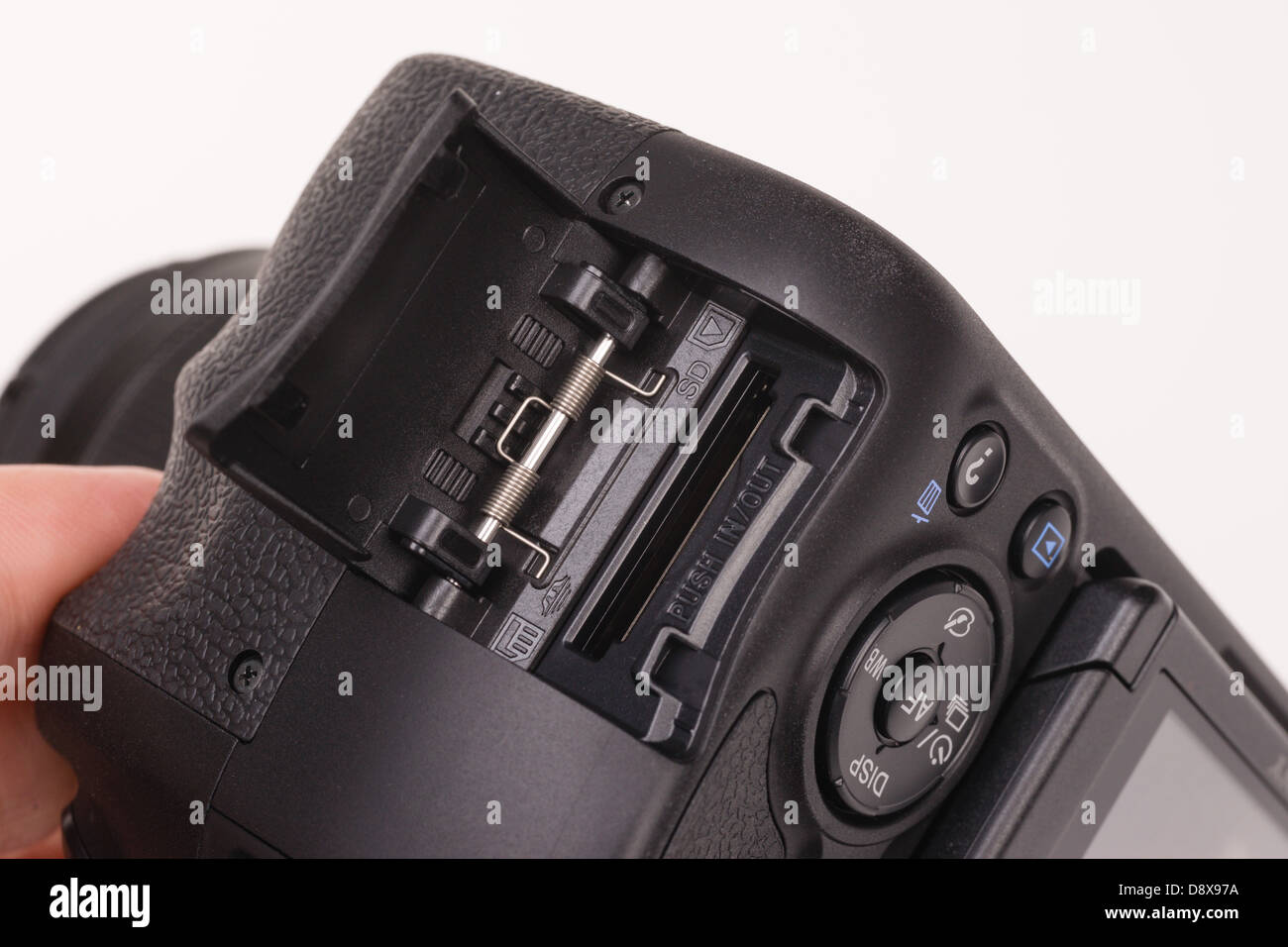 Sony Alpha 58 digital system camera - SD card slot. Stock Photo