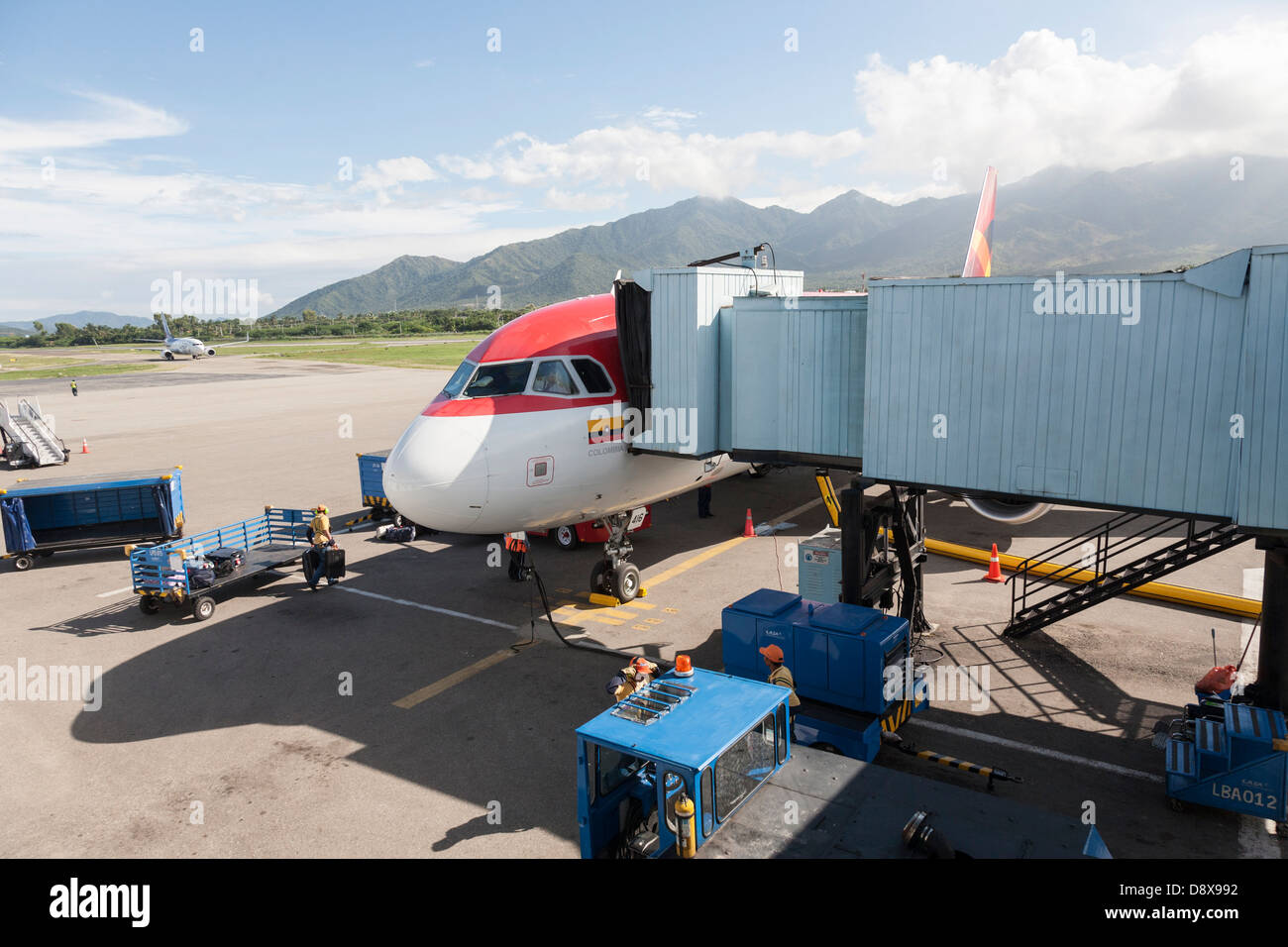 Avianca Airlines Plane Taxiing at Santa Marta Airport, Colombia Stock