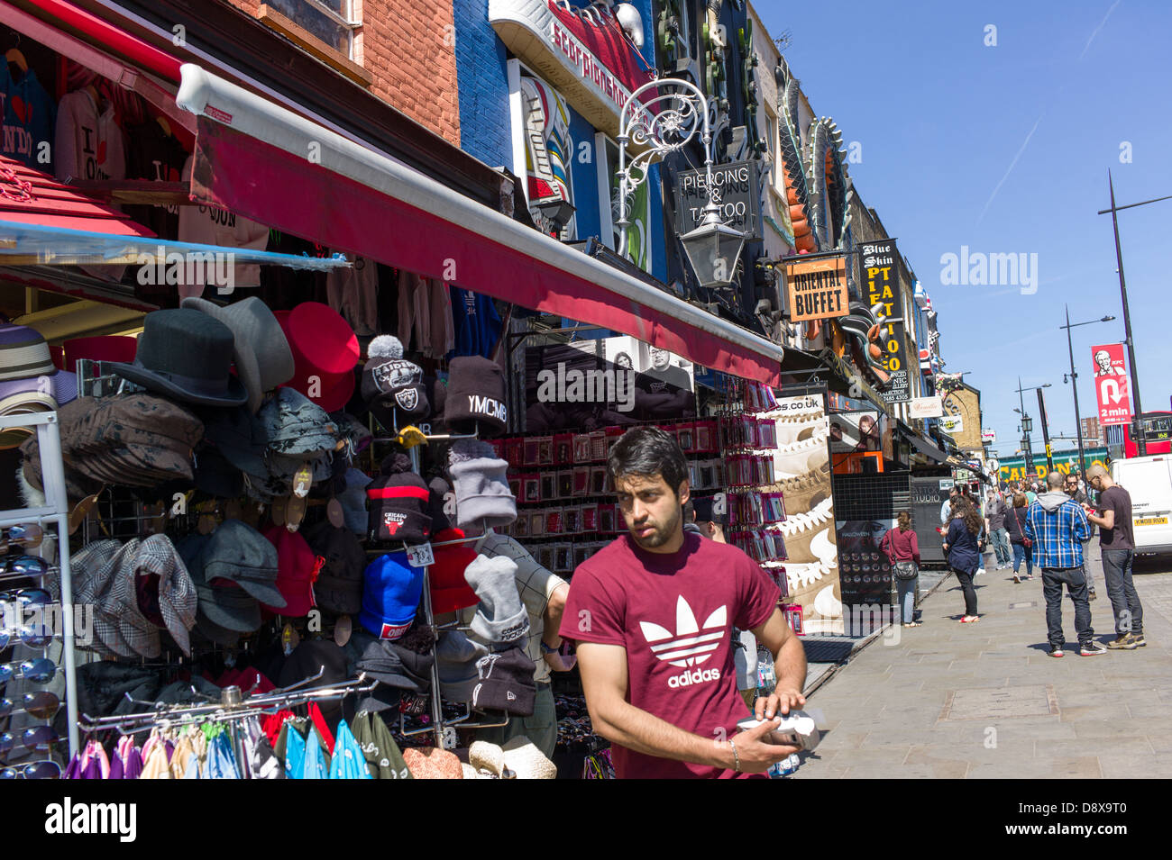 London UK, Camden Town, Camden Market, High Road, tourist, shoppers, and market stalls, and shops on a summers day Stock Photo