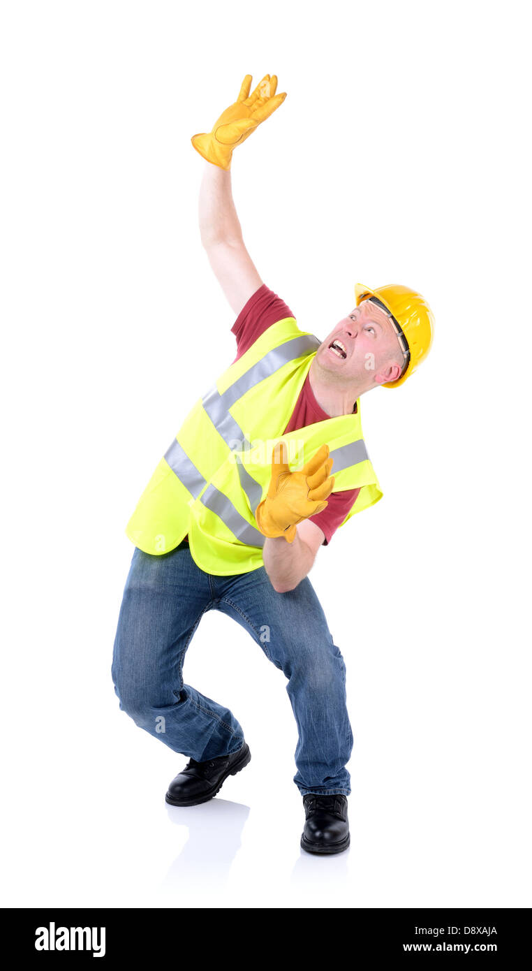 Construction worker involved in a accident isolated on white Stock Photo