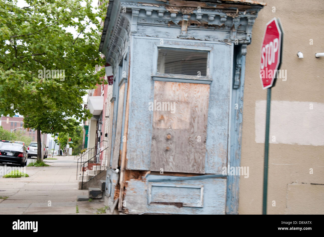 A boarded up building in Baltimore, Maryland USA Stock Photo