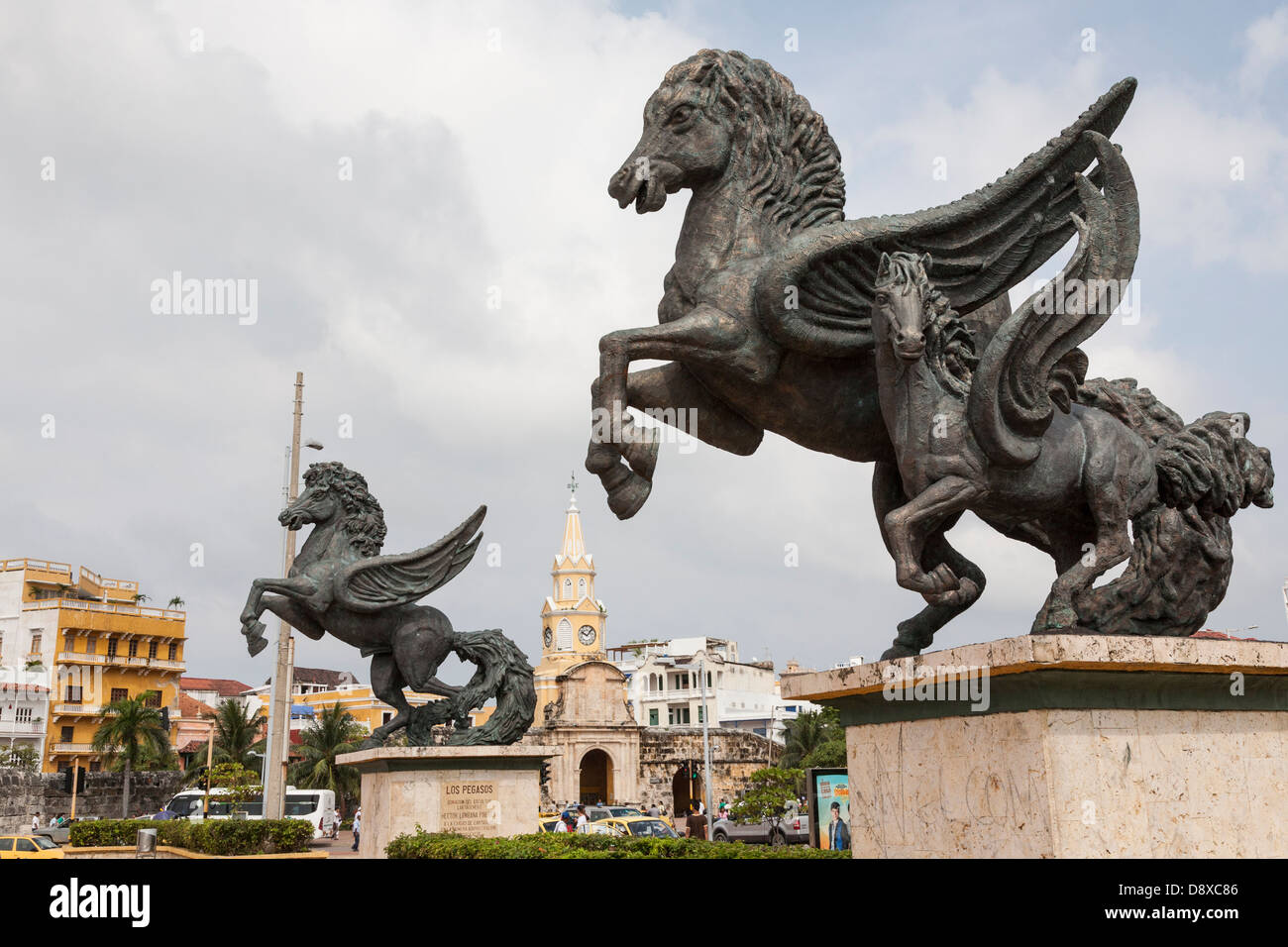 Los Pegasos Statues, Paseo de los Martires, Torre del Reloj, Clock Tower, Cartagena, Colombia Stock Photo
