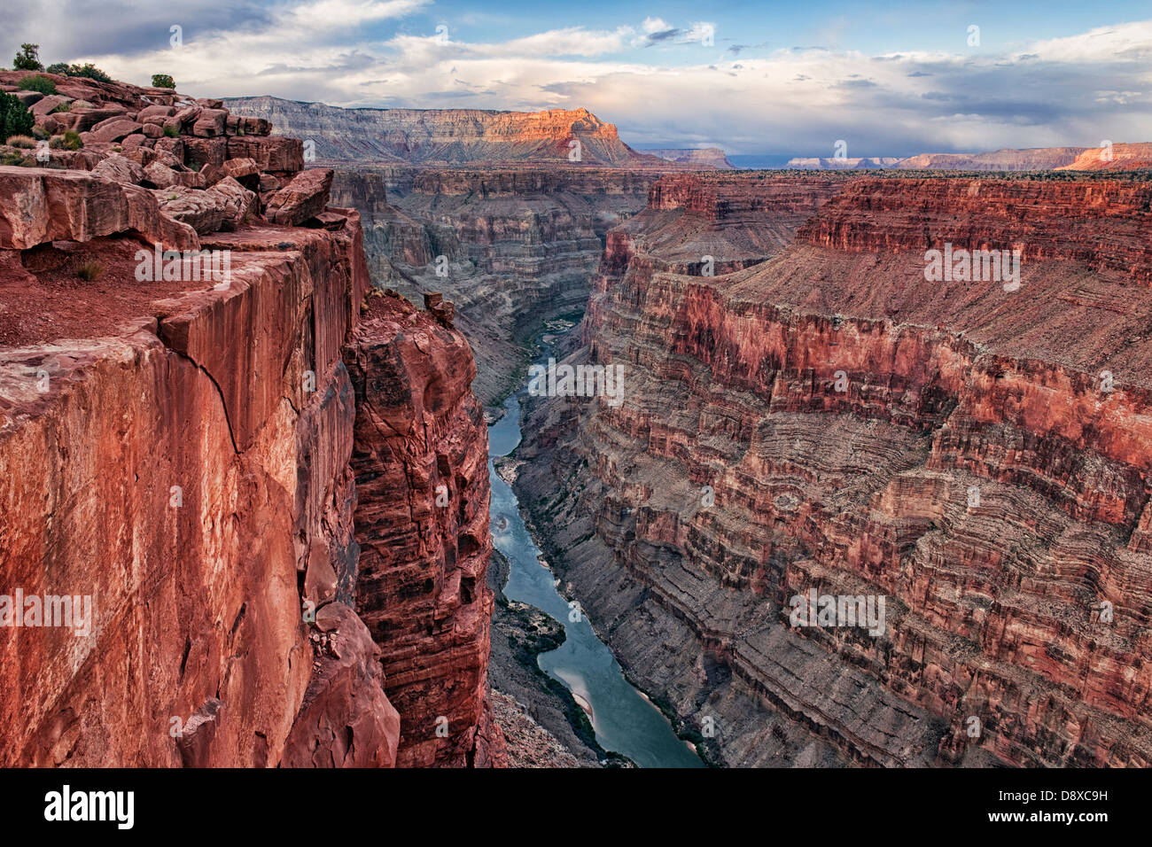 Three thousand foot vertical drop to the Colorado River  from remote Toroweap Overlook in Arizona's Grand Canyon National Park. Stock Photo