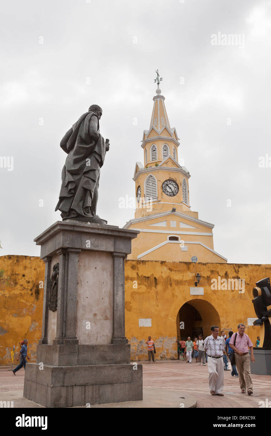 Pedro de Heredia Statue, Plaza de los Coches, Torre del Reloj, Clock Tower, Cartagena, Colombia Stock Photo