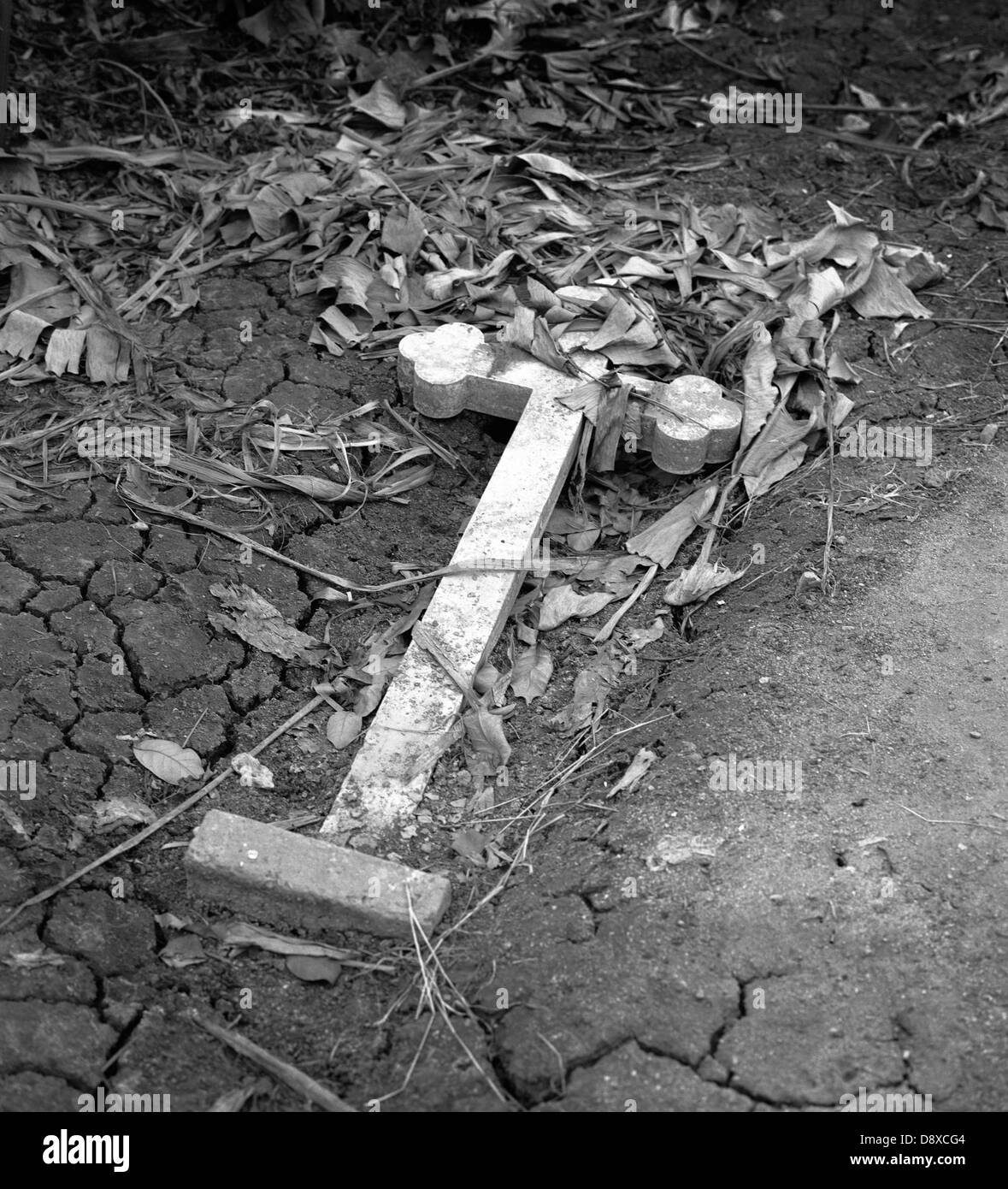 Cross on parched land (B&W Stock Photo Alamy