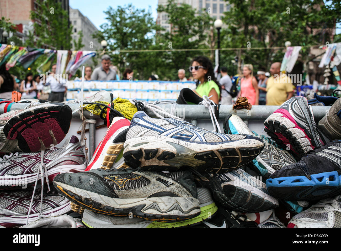 Shoes at the memorial spot for the victims of the Boston Marathon