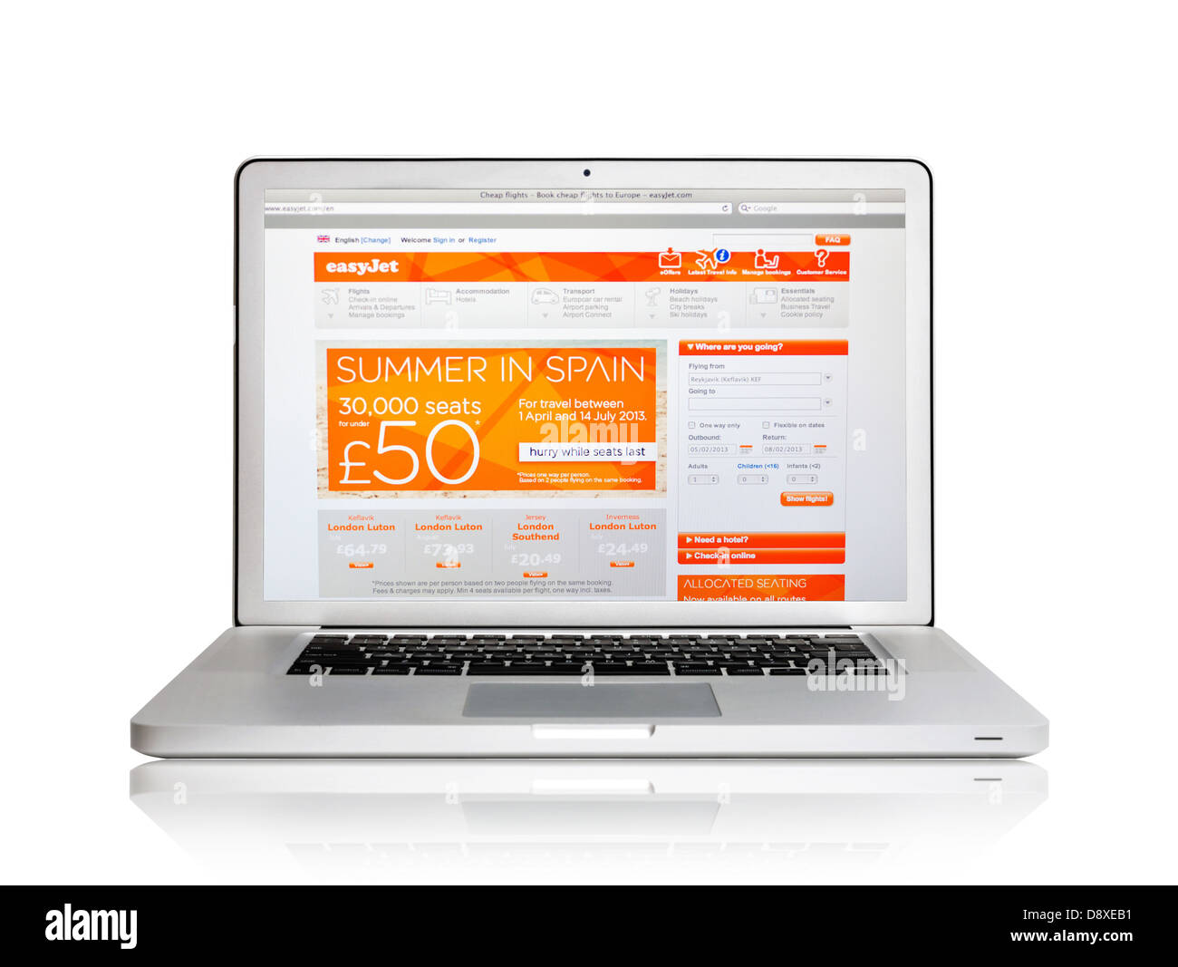EasyJet website on laptop screen - Online discount airline tickets Stock Photo