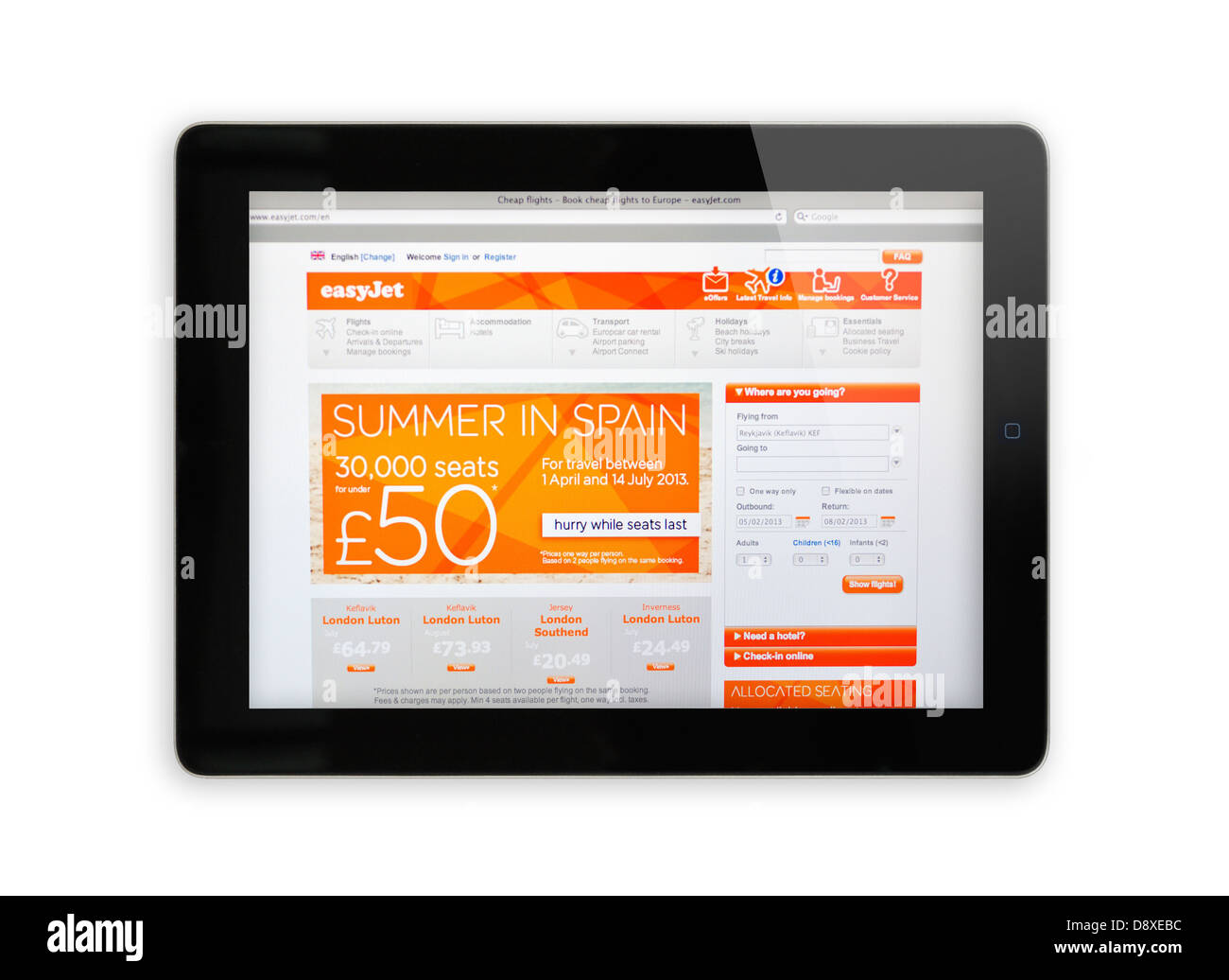 EasyJet website on iPad - Online discount airline tickets Stock Photo