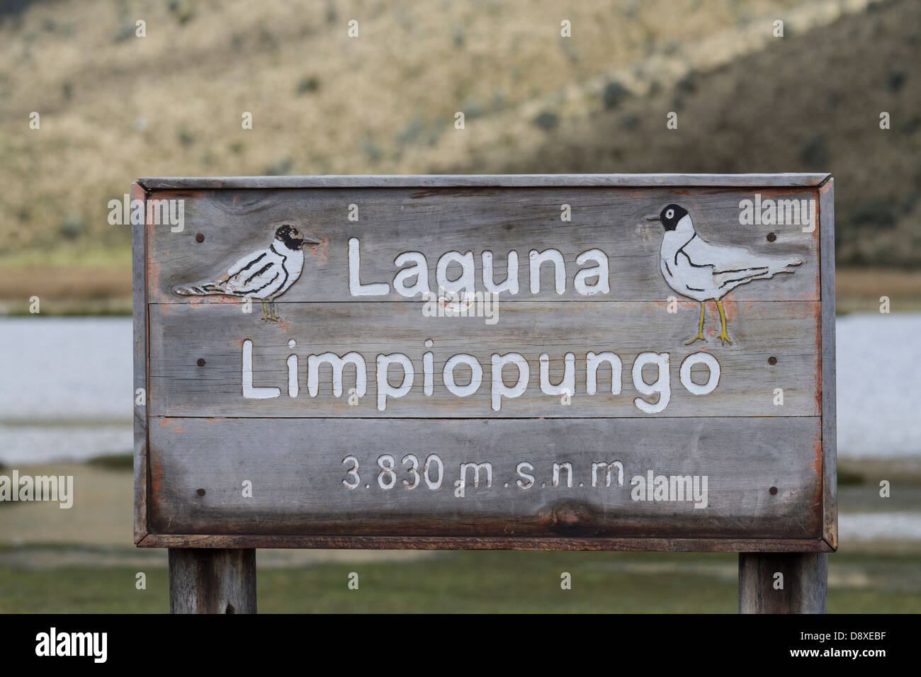 Laguna Limpiopungo, Sign, Cotopaxi National Park, Cotopaxi, Ecuador Stock Photo