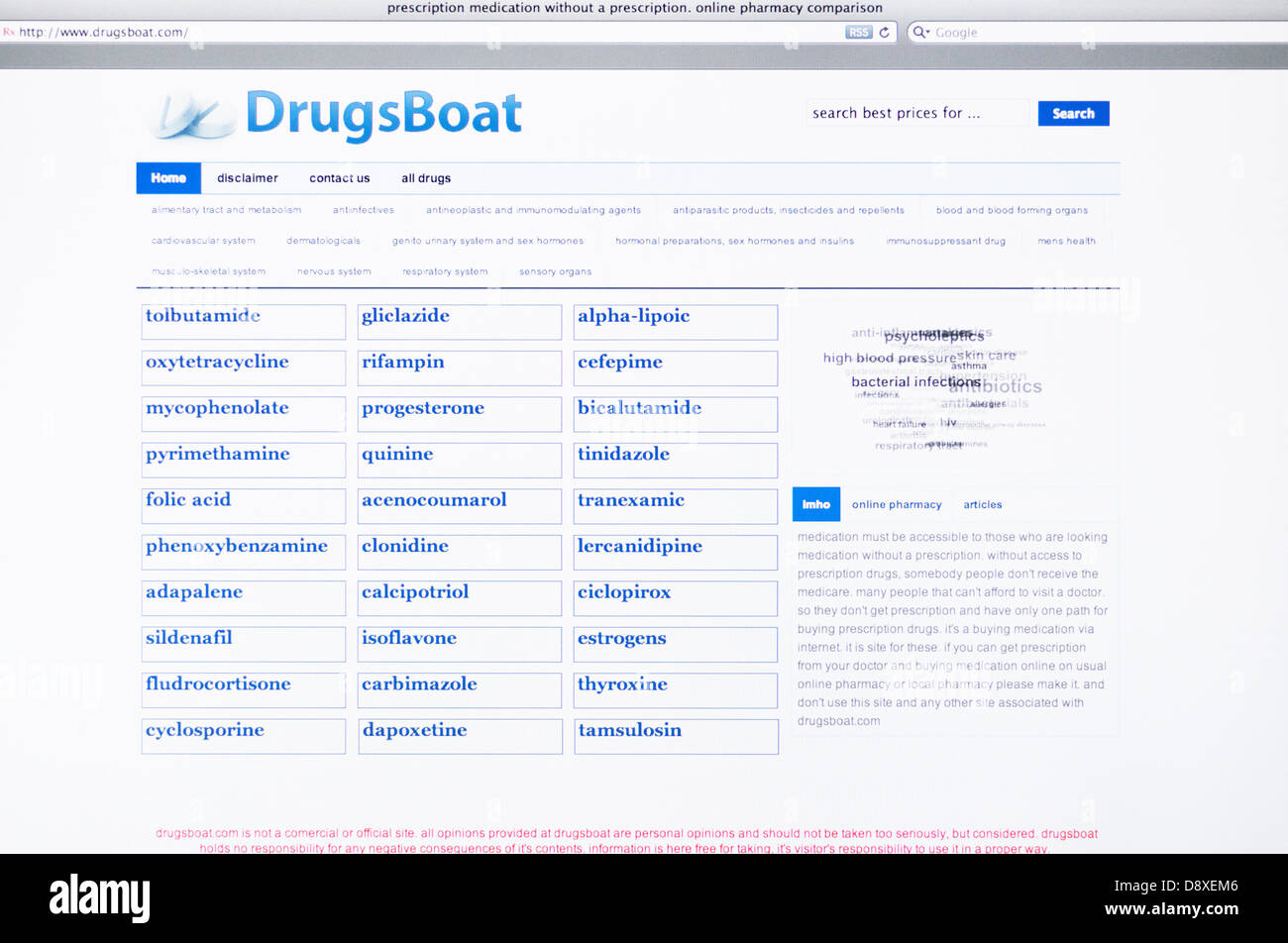 Drugsboat online pharmacy website Stock Photo