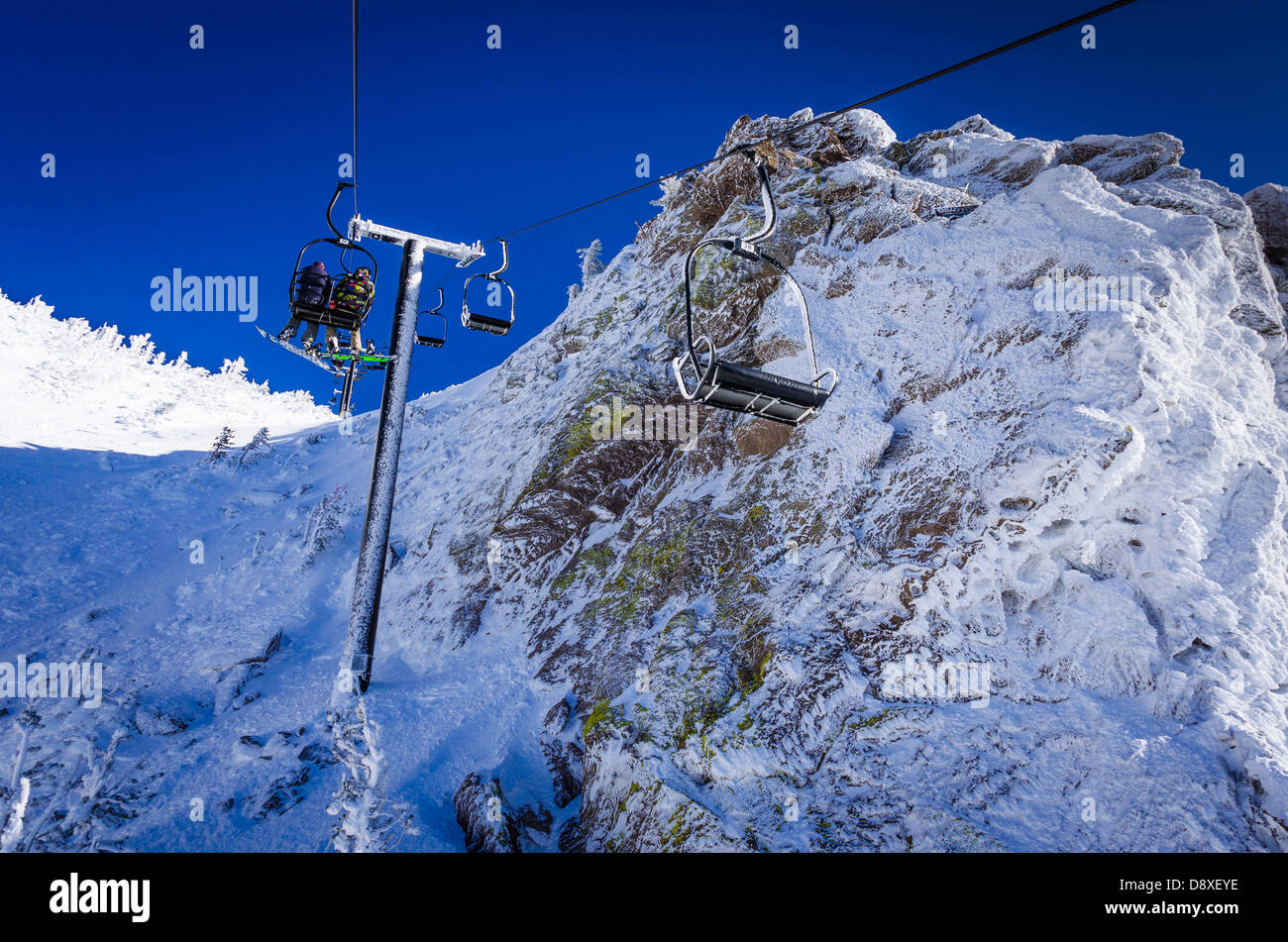 Chairlift covered in rime ice, Mammoth Mountain Ski Area, Mammoth Lakes, California USA Stock Photo