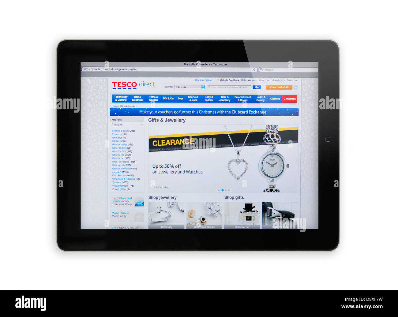 iPad screen showing Tesco Direct website - online  jewelry shopping Stock Photo