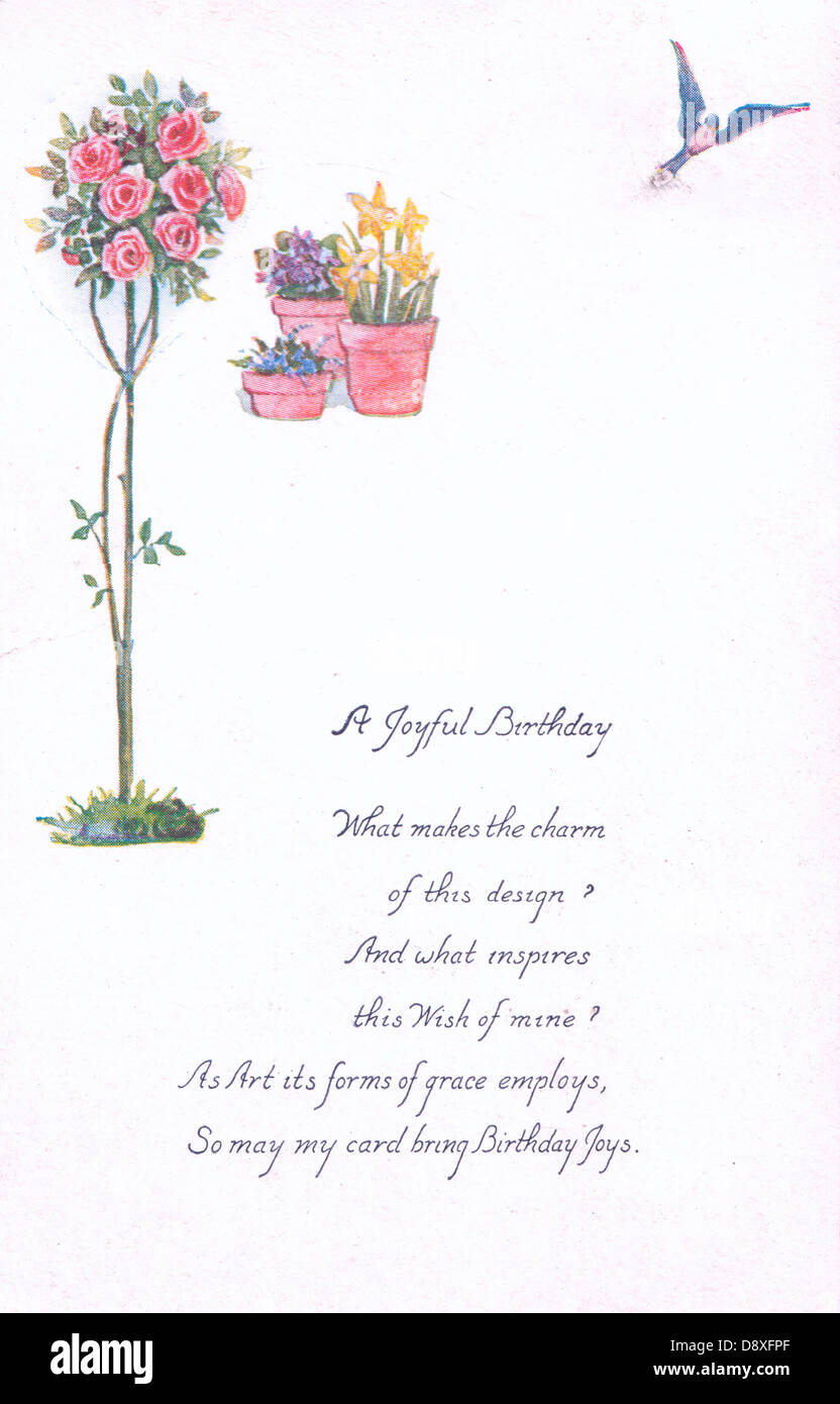 A Joyful Birthday - What makes the charm of this design, and what inspires this wish of mine. As art it's form of grace employs so may my card bring Birthday Joys - Vintage card Stock Photo