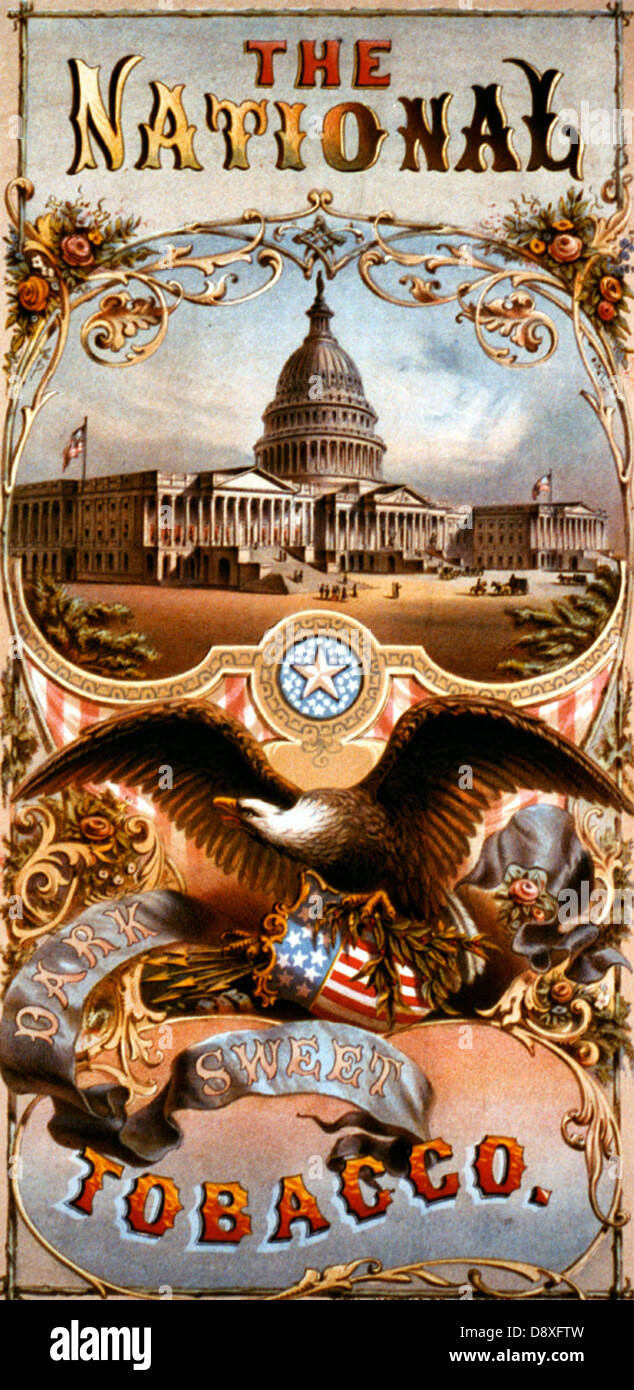 The National Tobacco - dark, sweet. Summary: Tobacco label showing U.S. Capitol and eagle, circa 1868 Stock Photo