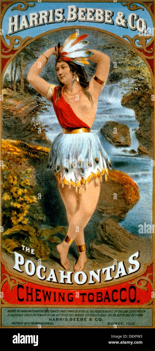 Harris, Beebe & Company. The Pocahontas Chewing Tobacco Company. Tobacco  package label depicting Pocahontas posed in nature, circa 1868 Stock Photo 