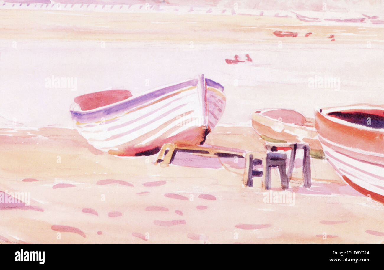 1910 Beatrix Potter painting - Rowing boats on a beach at Teignmouth Stock Photo