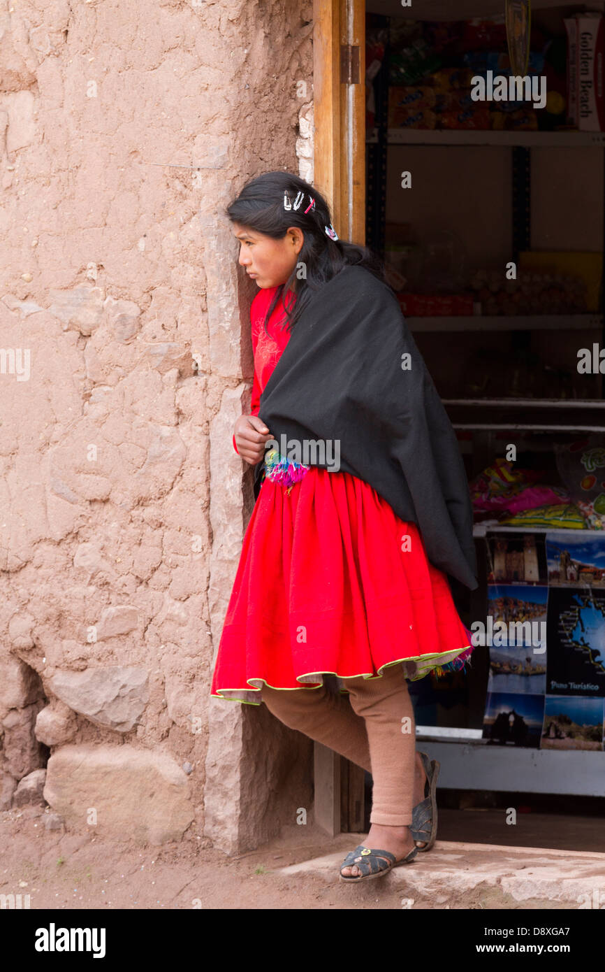 People of Taquile Island wearing traditional clothes, Lake Titicaca, Peru Stock Photo