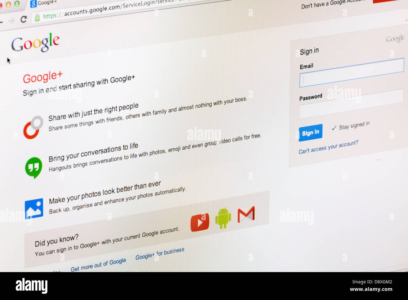 Google + Plus social media Website or web page on a laptop screen or computer monitor Stock Photo