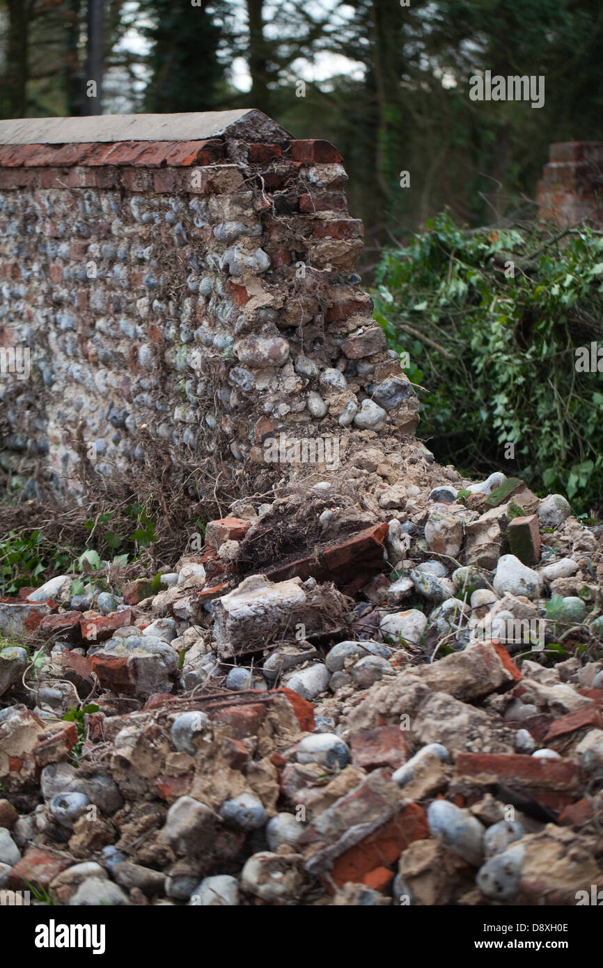 Flint stone wall, partially collapsed. Hickling Hall, Hickling