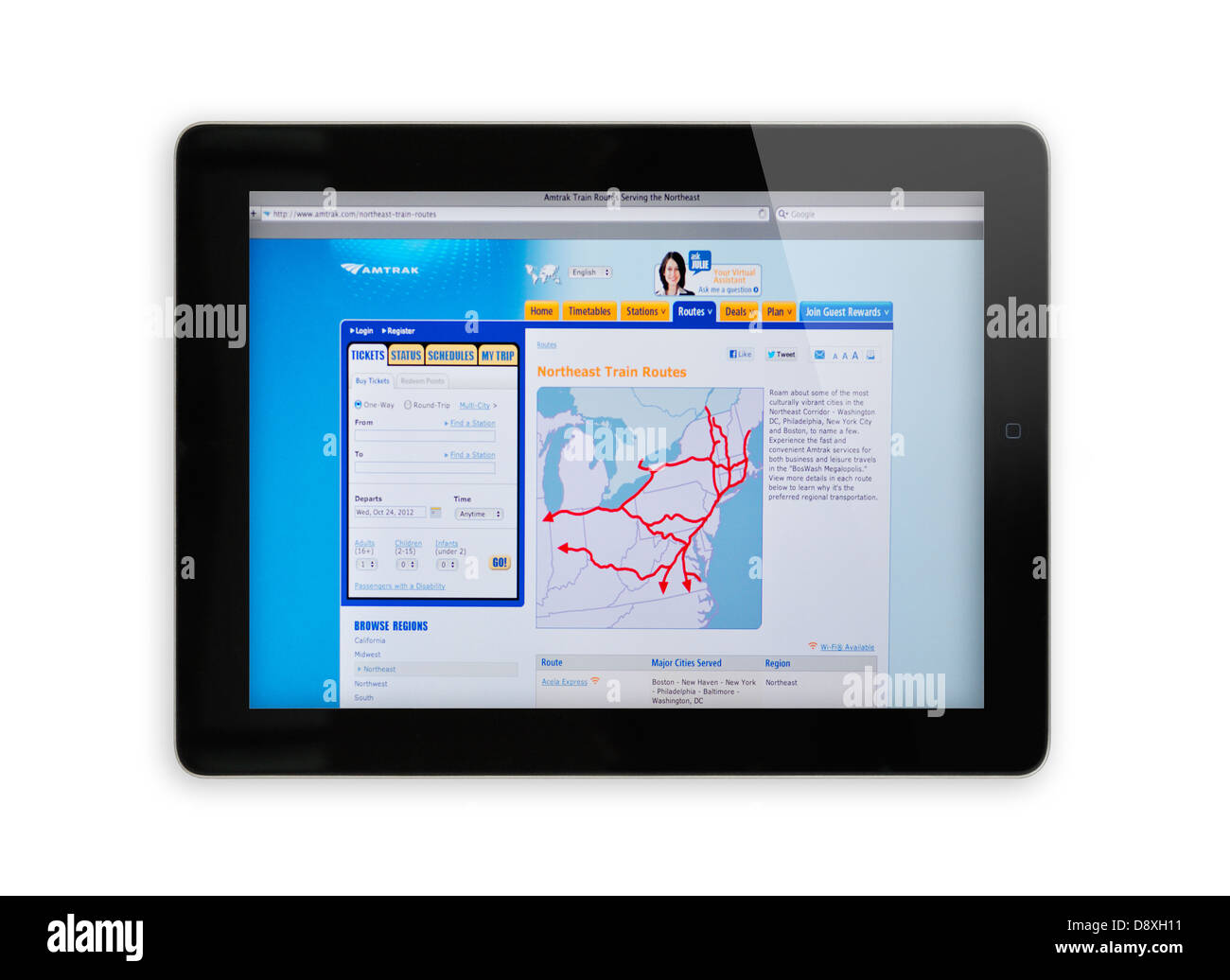 Amtrak routes website on iPad screen - Northeast train routes Stock Photo