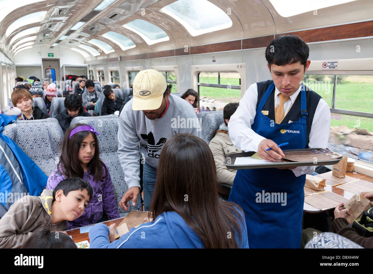 Service inside the carriage, PeruRail, Train from Ollantaytambo to Machu Picchu, Peru Stock Photo