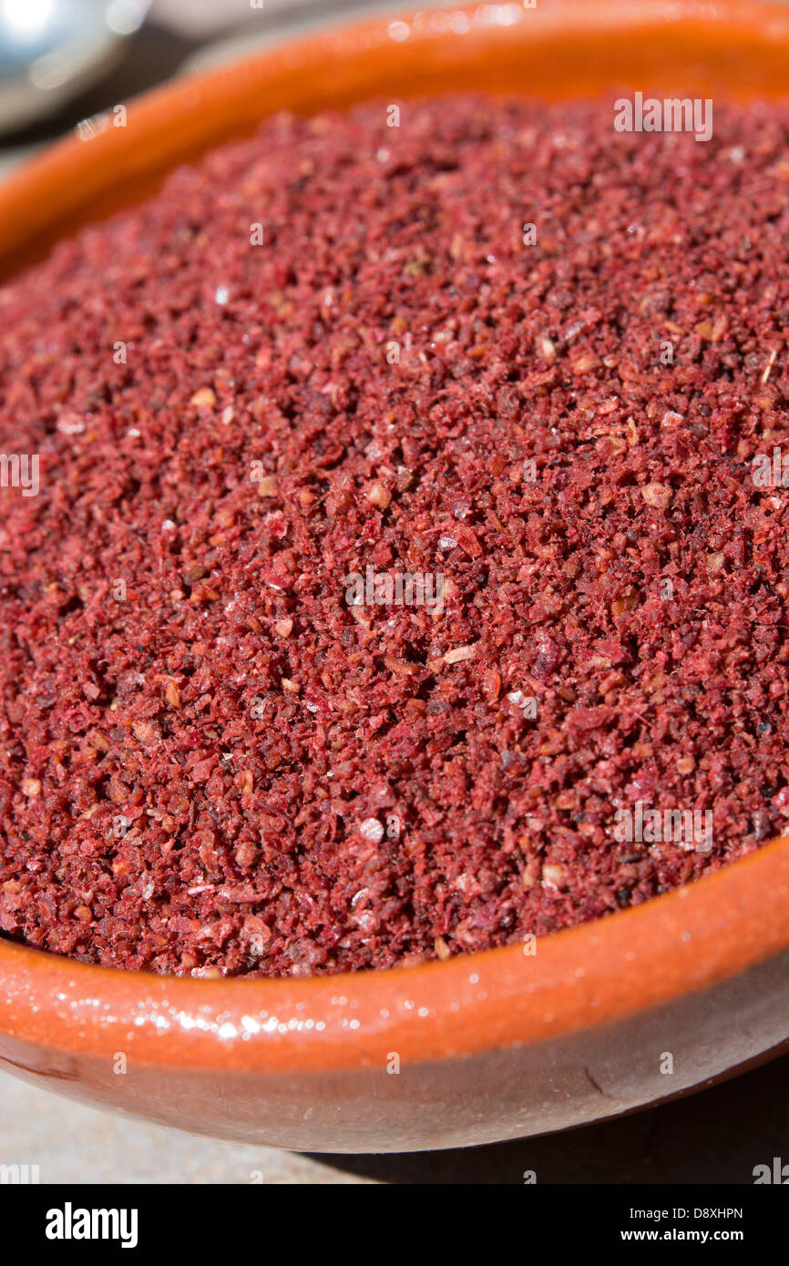 Ground sumac, a sweet and sour spice commonly used in Turkish and