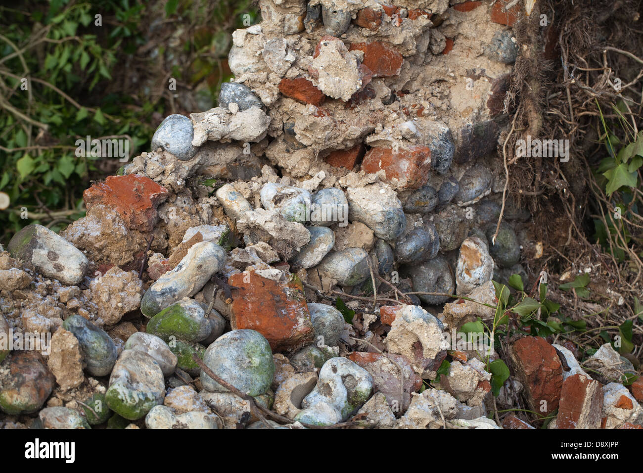 Flint stone wall, partially collapsed. Hickling Hall, Hickling , Norfolk. Awaiting repair and re-build. Broadland, Norfolk. Stock Photo