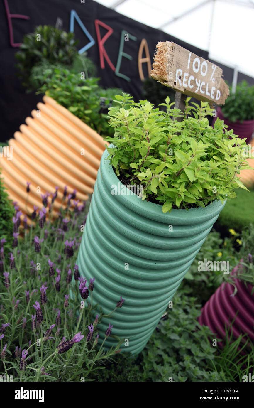 Funky recycled garden planters shown by Pipe Dream at Bloom 2013 Stock Photo