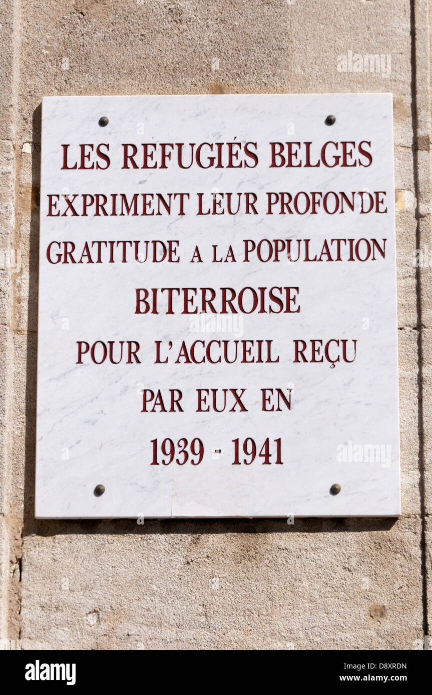 A plaque expresses the gratitude of former Belgian refugees for their welcome in Beziers during the Second World War. Stock Photo