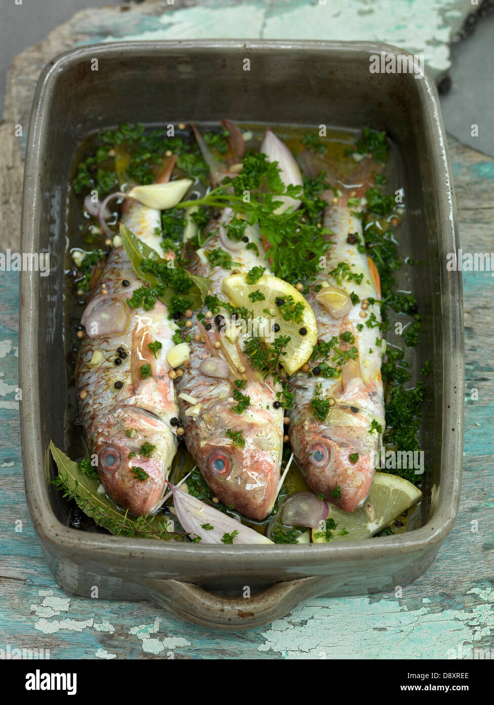 Oven-baked red mullets with herbs Stock Photo