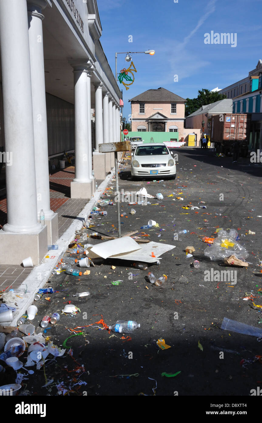 Dirty street after New Year's Junkanoo  parade, Nassau, Bahamas Stock Photo