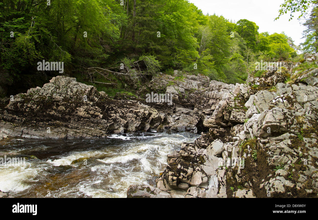 RIVER FINDHORN PASSING BETWEEN ROCKS AT LOGIE STEADING IN SPRING NEAR FORRES MORAY SCOTLAND Stock Photo