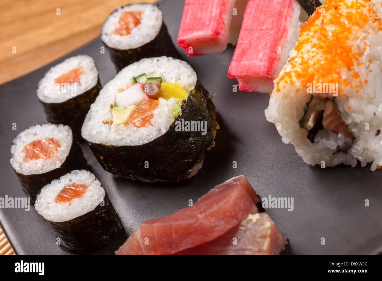 Variation of fresh tasty sushi food Stock Photo