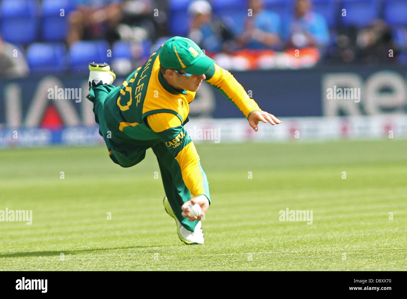 CARDIFF, WALES - June 06: South Africa's David Miller fielding during the  ICC Champions Trophy international cricket match between India and South  Africa at Cardiff Wales Stadium on June 06, 2013 in