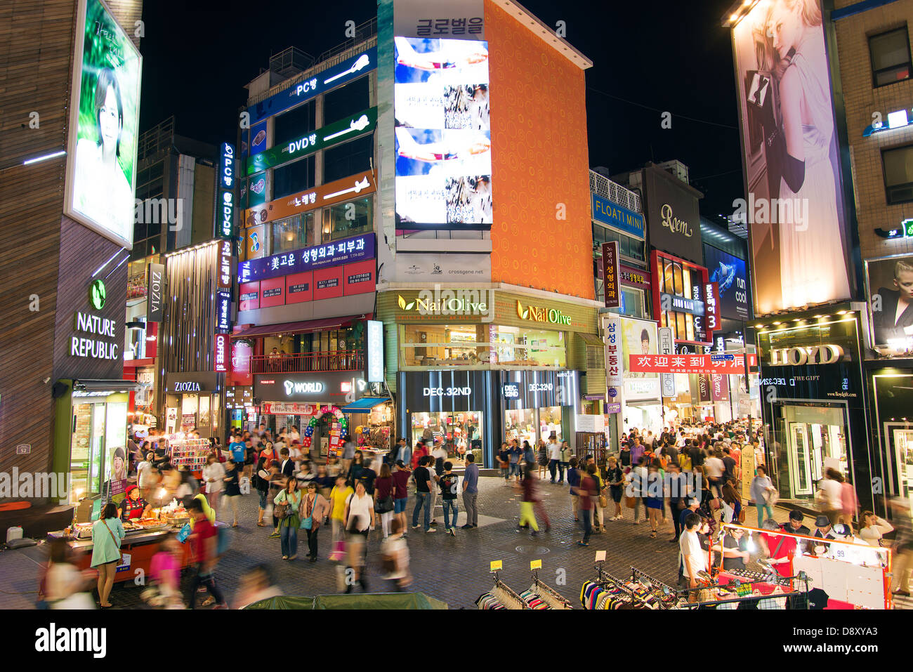 myeongdong shopping street in seoul south korea at night Stock Photo