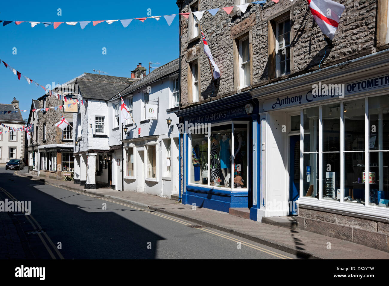 Shops stores businesses in Market Street in spring Kirkby Lonsdale