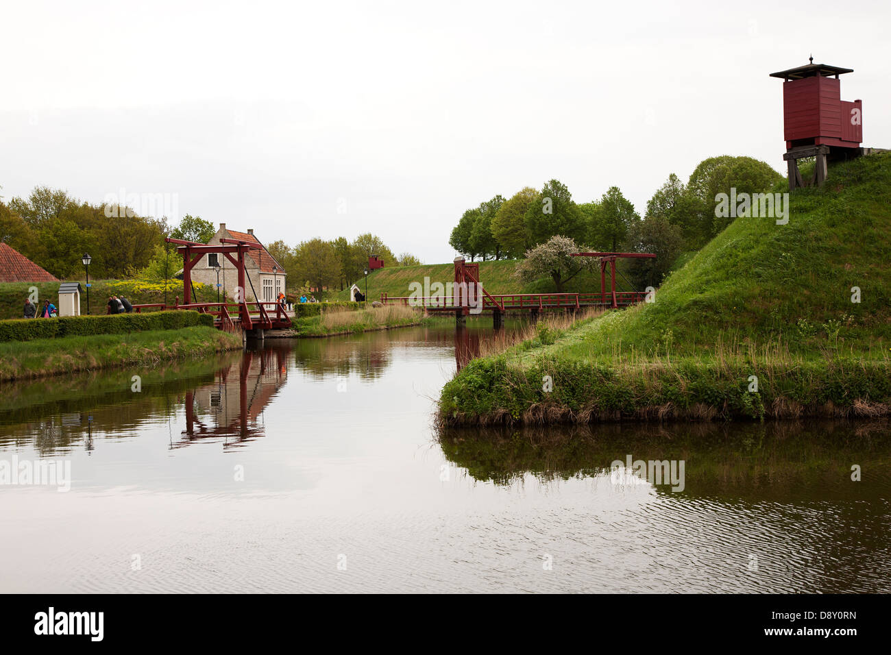 Defenses and entrance bridge of village Fortress Bourtange, Groningen, The Netherlands Stock Photo