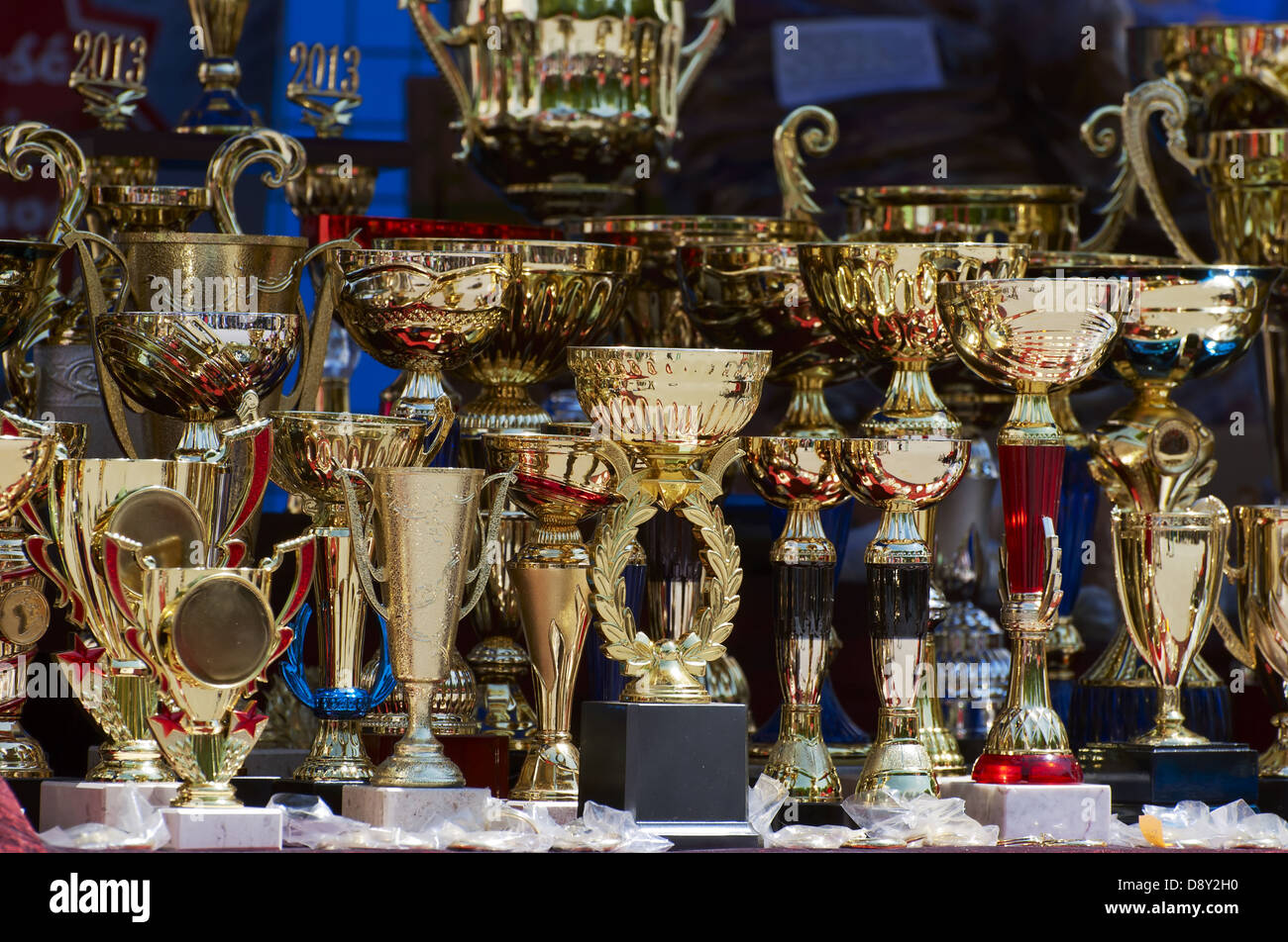 Set of trophies for the winners. Stock Photo