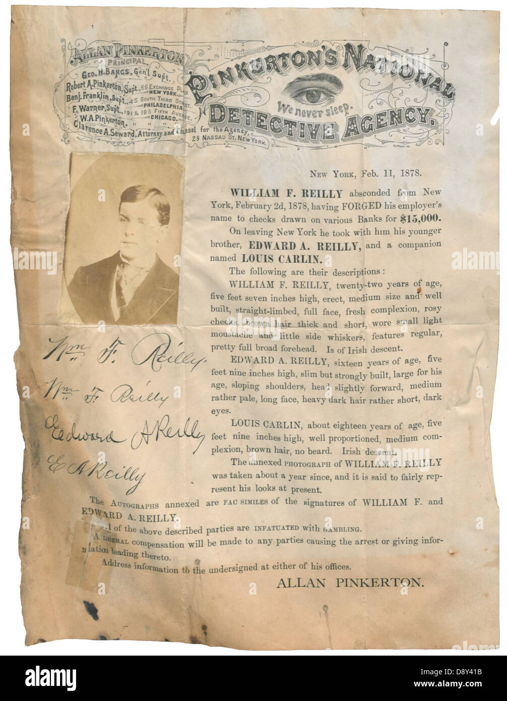 Pinkerton's National Detective Agency -- 'We Never Sleep.' Stock Photo