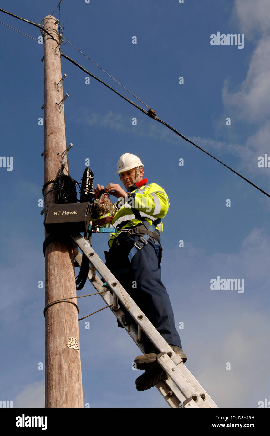 A British Telecom Open Reach telephone engineer,  working on a telegraph pole, using a ladder, wearing hi visibility clothing. Stock Photo