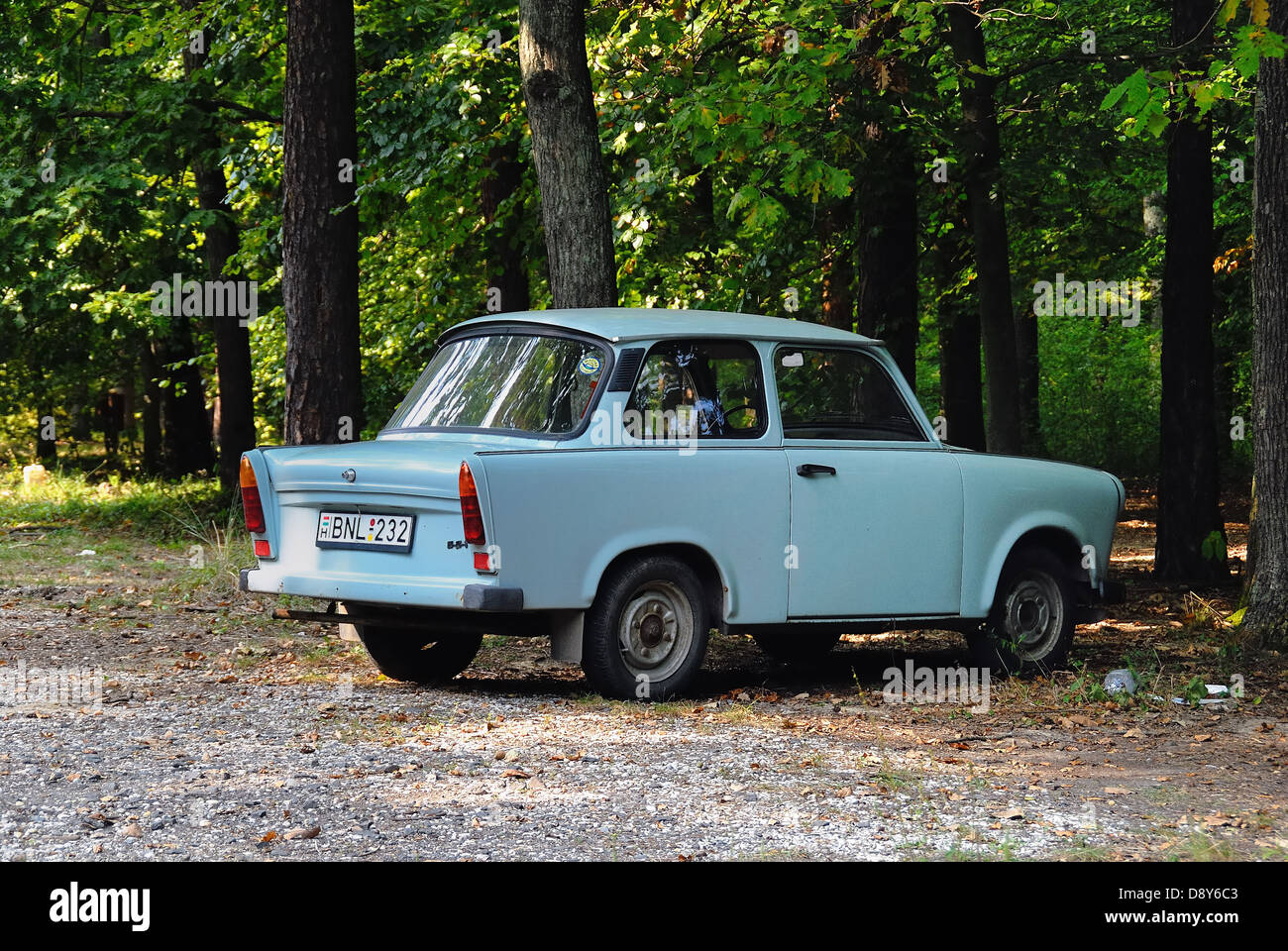Lenti, Hungary : a Trabant car parked at the edge of the forest. Stock Photo